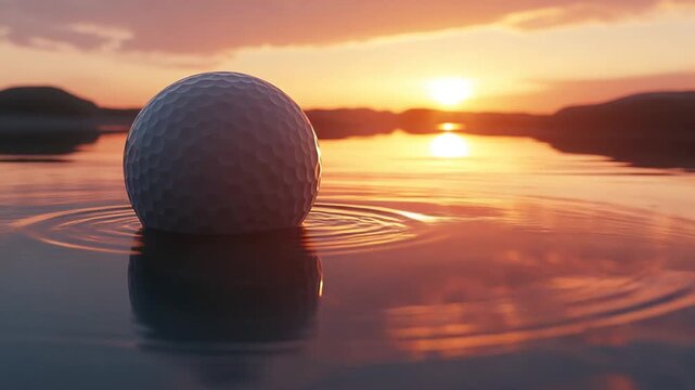 Golf Ball Ripples at Sunset: Serene Water Reflections and Golden Hour Glow