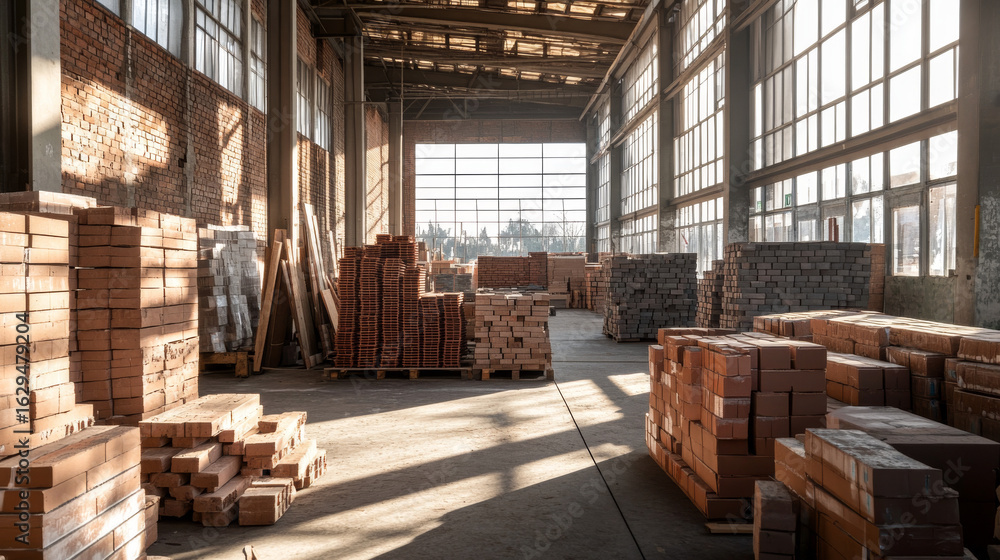 Poster spacious industrial warehouse filled with stacked building materials. sunlight streams through large