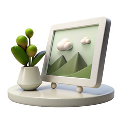 a digital photo frame turned on displaying artwor