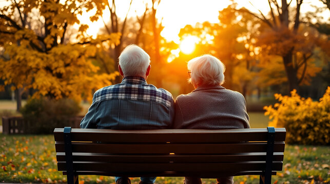 Elderly couple relaxes on bench in autumn park back view. Senior people enjoy warm sunset light among golden foliage trees. Aging gracefully together at fall nature scenic. Retirement banner.