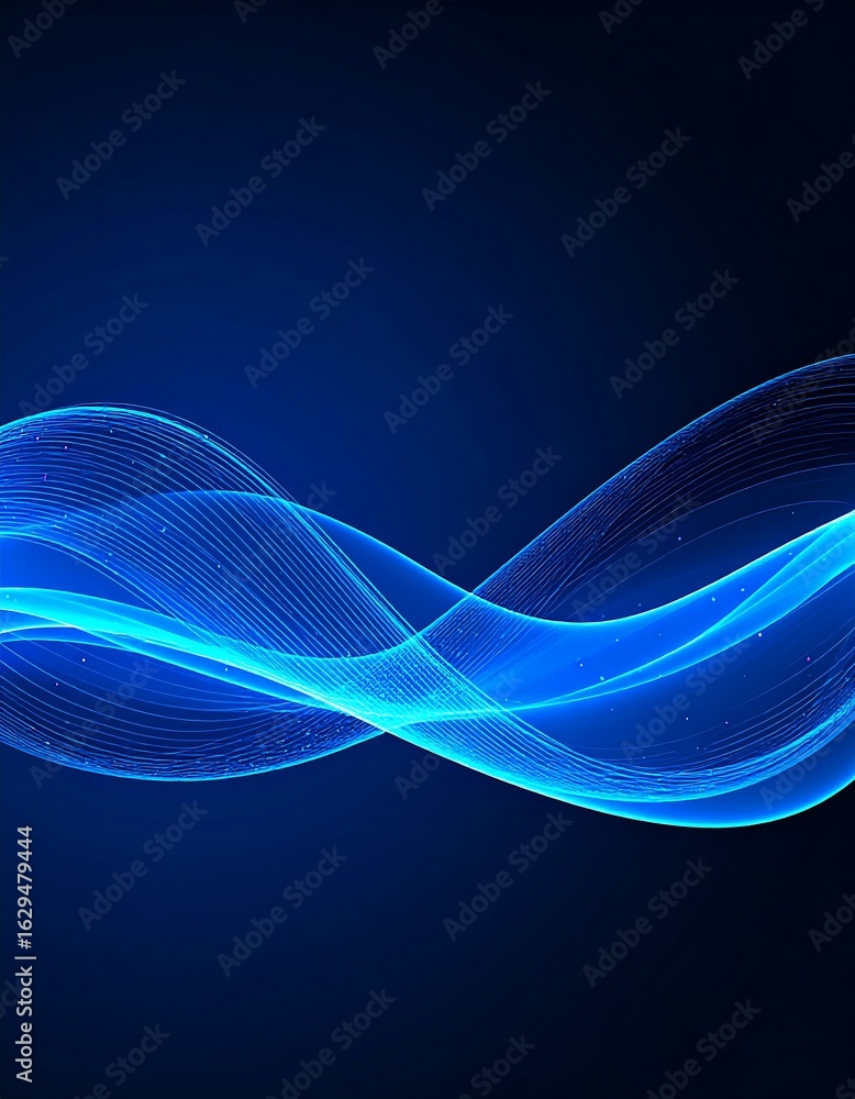Poster abstract image featuring flowing blue light waves with tiny particles on a dark blue background.