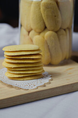 kue lidah kucing or tounge cat cookies served for Ied Mubarak. selective focus. blurry