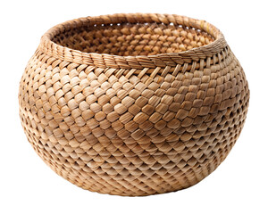 A round woven wicker basket with a textured pattern, isolated on transparent background