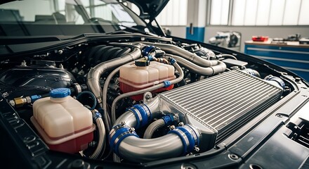 Modern car engine bay with turbocharger intercooler and coolant reservoir showcasing automotive technology and engineering prowess for performance vehicles