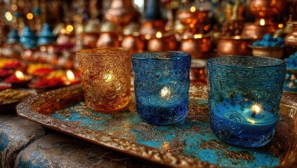 Ornate candles in glass, warm market ambiance