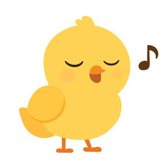 Singing cartoon chick with closed eyes and musical note. Hand Drawn Vector Art.