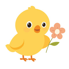 Chubby Yellow Chickadee with a Pink Flower. Hand Drawn Vector Art.