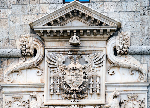 Ornate Stone Relief with Double-Headed Eagle Emblem, in l'Aquila, Abruzzo, Italy