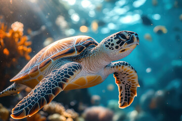 Fototapeta premium Swimming turtle in aquarium.