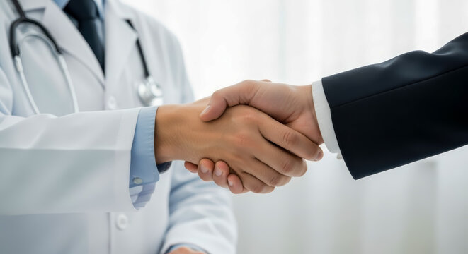 A medical professional in a white lab coat and stethoscope shakes hands with a person in a dark suit doctor healthcare handshake business agreement partnership