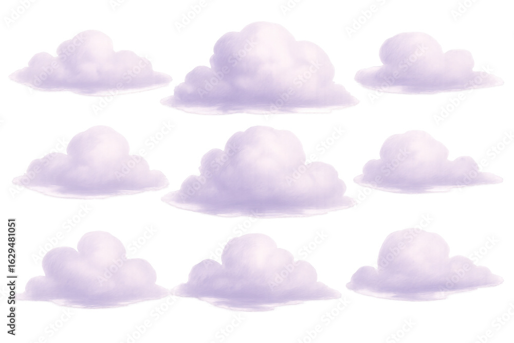 Poster nine fluffy cartoon clouds floating on a transparent background, perfect for adding a touch of whims