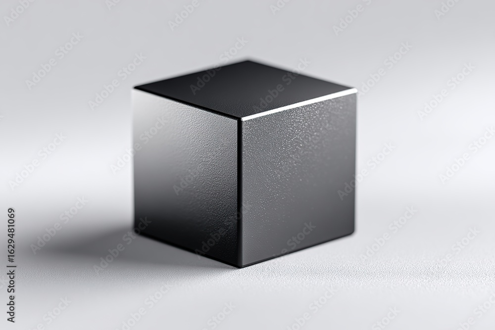 Poster matte black cube placed on a smooth surface against a soft gradient background