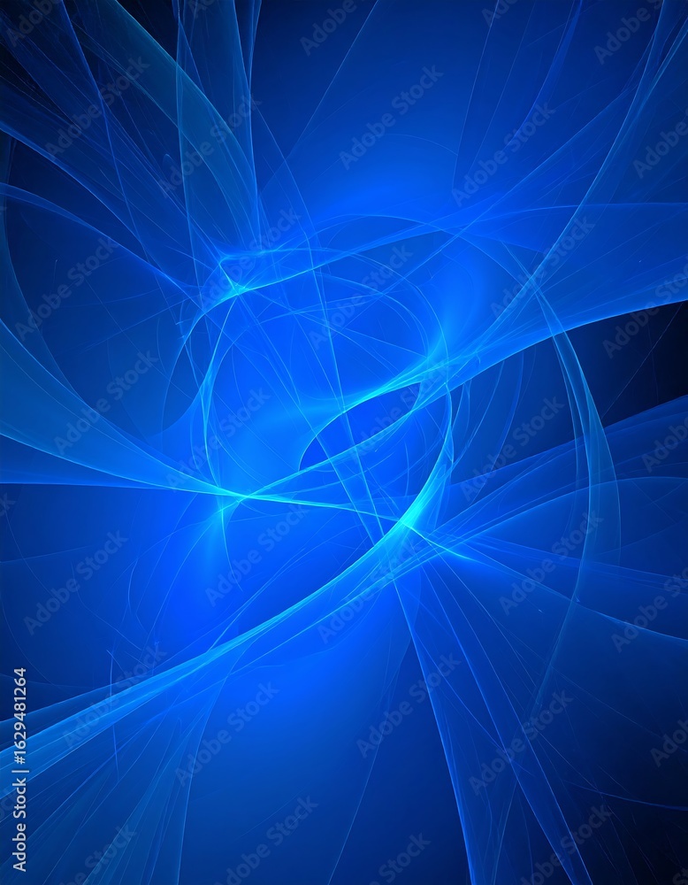 Poster an abstract background of flowing, translucent blue light waves and wispy, intersecting lines.