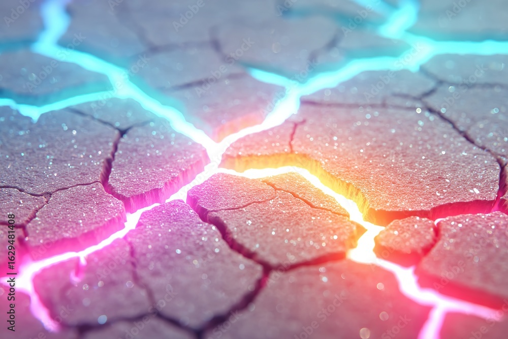 Poster looping macro animation of radiant cracks in a dry surface during twilight