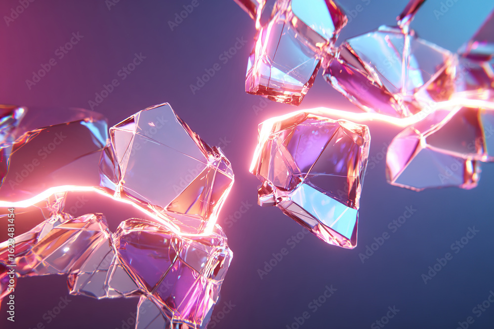 Poster looped macro animation displaying shimmering shards of glass floating with vibrant colors