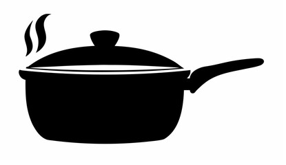 Illustration of a black cooking pot with a lid and steam rising from it on a white background design silhouette