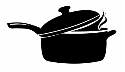Illustration of a black cooking pot with a lid slightly ajar releasing steam on a white background silhouette