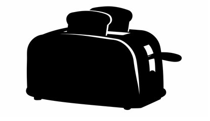 A black and white silhouette of a toaster with two slices of bread inside ready for breakfast time meal