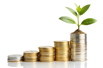 Growing Business Investment:  Stacks of Gold and Silver Coins with a Sprouting Plant.
