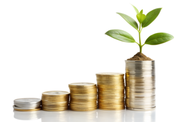 Growing Business Investment:  Stacks of Gold and Silver Coins with a Sprouting Plant.