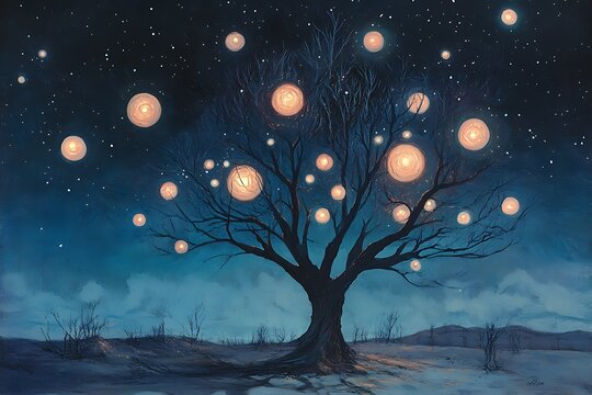 Enchanting night sky illuminates a bare tree adorned with glowing lanterns creating a magical and dreamlike atmosphere