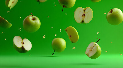 Fresh green apples floating against a vibrant green backdrop, showcasing their juicy interiors and healthy appeal