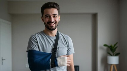 Smiling Young Man with Arm Sling and Bandaged Hand Recovering from Injury