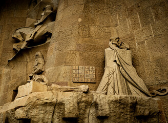 Intricate Stone Sculpture with Abstract Figures in Barcelona, Spain