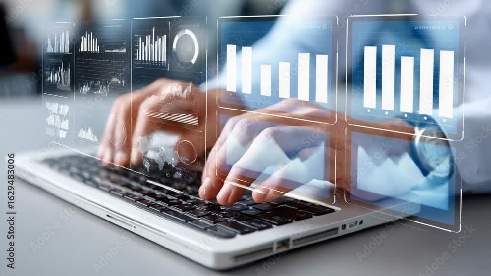 Aufkleber digital data analysis: a professional's hands diligently navigate a sleek laptop, while holographic 