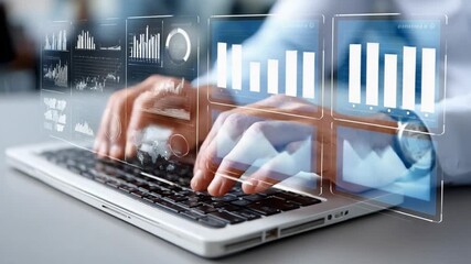 Digital Data Analysis: A professional's hands diligently navigate a sleek laptop, while holographic data visualizations overlay the scene. - Powered by Adobe