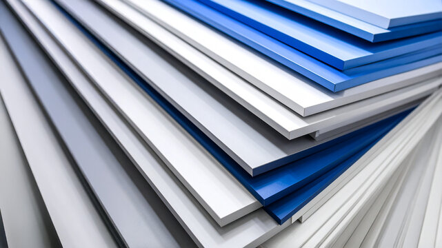 A clean and modern close-up of stacked panels in varying shades of blue, white, and gray, creating a textured and layered abstract background perfect for industrial or technological themes.