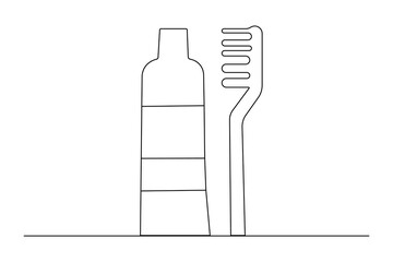 Minimalist style toothbrush and paste single line art isolated vector outline drawing illustration
