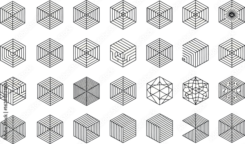 Poster vector art of collection of geometric cube shapes and patterns, abstract design elements, isolated o