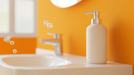 A clean and minimalist bathroom scene featuring a white soap dispenser on a counter against a vibrant orange wall. 
