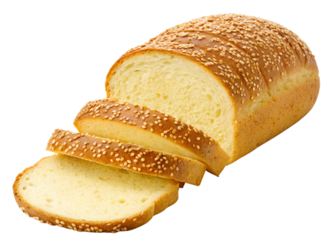 A golden white bread loaf with sesame seeds on its crust, cut into thick slices, displayed as an isolated transparent png.