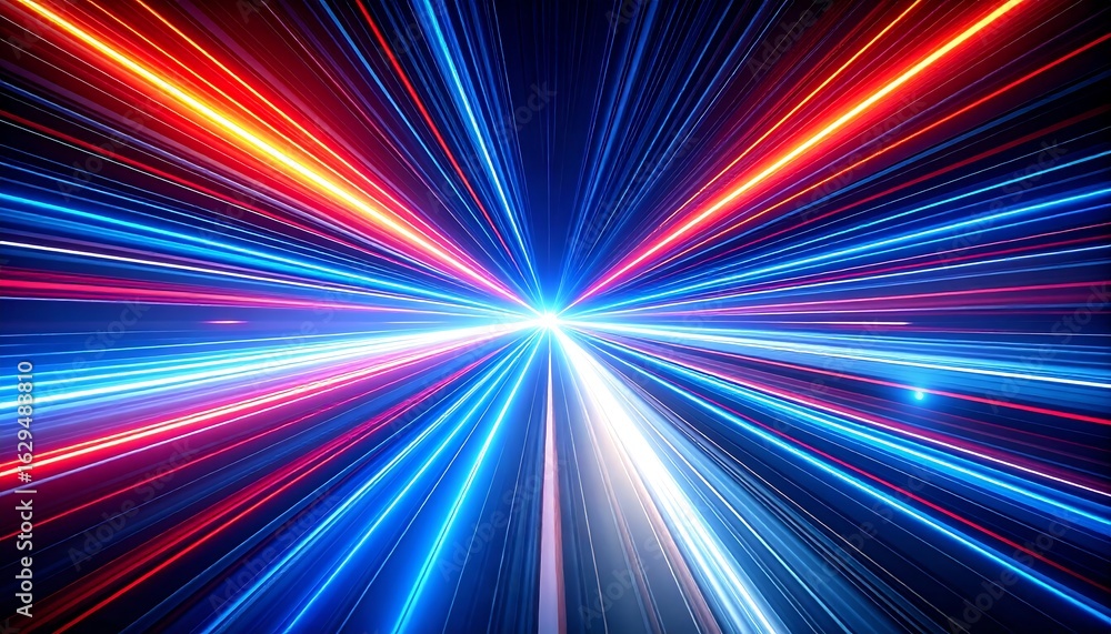 Poster an abstract image depicting a tunnel of light streaks in red, blue, and white, creating a sense of s