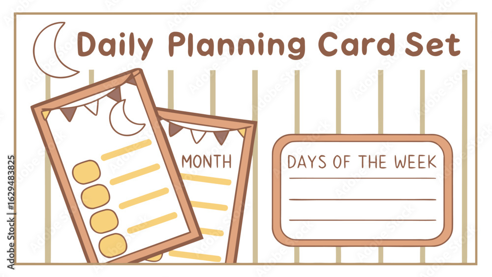 Poster illustration of a daily planning card set with a moon design and days of the week section in a frame