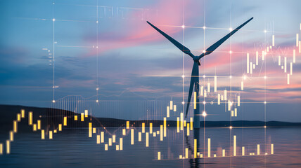 Wind Turbine power with financial concept: A wind turbine stands tall, its blades turning against a vibrant dusk sky. Overlayed onto the scene are financial data charts.