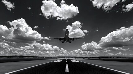 Airplane Taking Off Against Dramatic Sky with Clouds in Black and White Photography