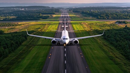 Airplane Preparing for Takeoff on Runway Surrounded by Green Fields Under Clear Sky at Dusk