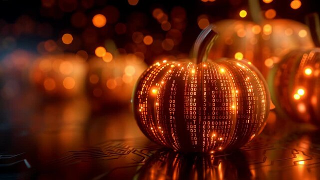 Digital pumpkin glowing with binary code and circuit board patterns, warm orange lights create festive futuristic Halloween