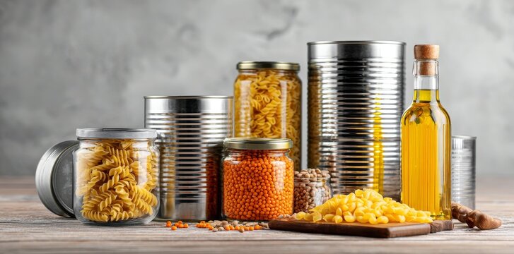 A collection of canned goods and non-perishable items on a table embodies the concept of food donation, promoting charity and the spirit of volunteering