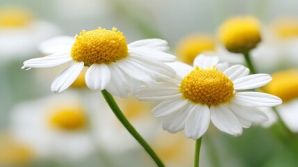 Obraz premium A close-up view of blooming Matricaria recutita, also known as Matricaria chamomilla, or Chamomile flowers, is shown in a botanical and herbal context