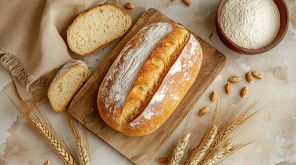 Freshly Baked Artisan Bread on Wooden Board Surrounded by Flour and Wheat Grains with Brown Bowl of Ingredients