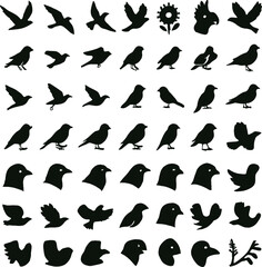 Collection of Bird Silhouettes in Various Poses with One Flower Silhouette