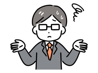 困った顔をしている若いビジネスマン(正面・上半身)	