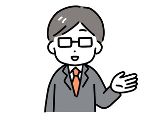 笑顔で案内している若いビジネスマン(正面・上半身)