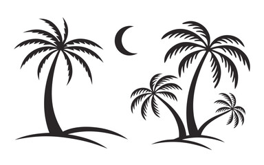 Obraz premium Black silhouette palm trees and crescent moon on white