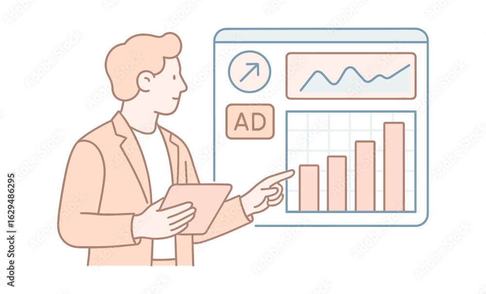 Aufkleber business analyst examining data on graphs and charts with tablet