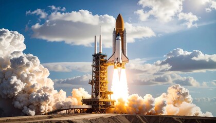Space shuttle launch, fiery exhaust, clouds, blue sky